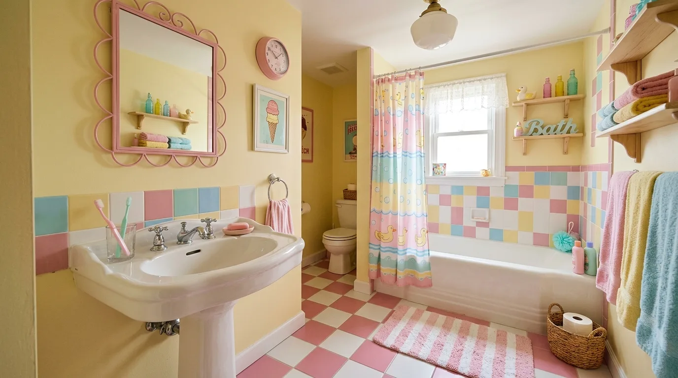 keep fixtures and lines thoughtful in a bathroom inspired by absolutely cute pink fun.