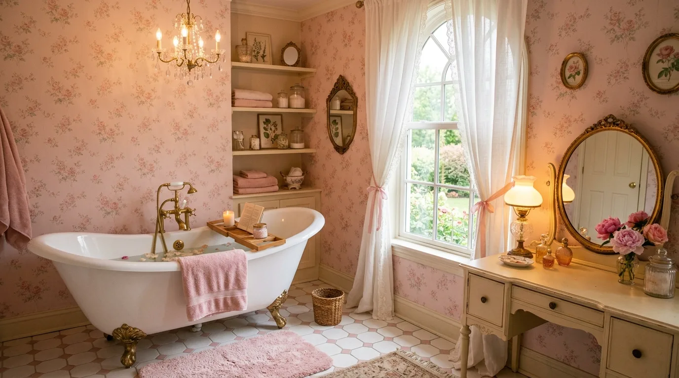 use decor that reinforces the look in a bathroom inspired by absolutely cute pink fun.