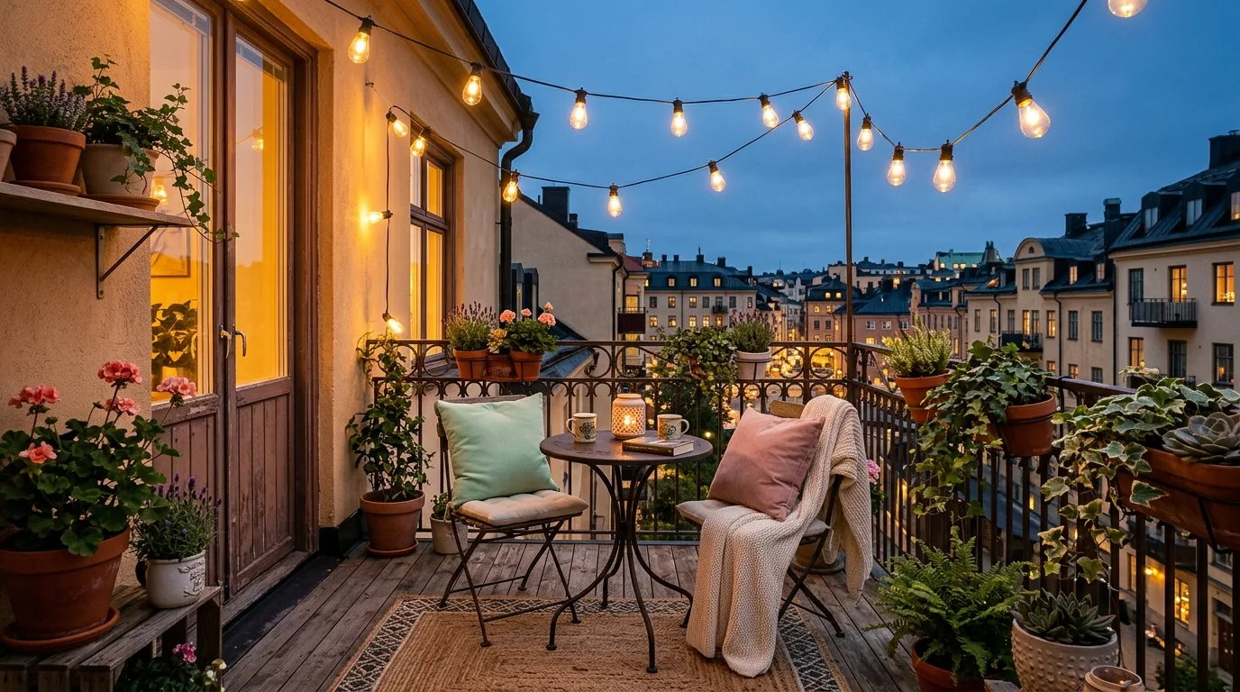 Adorable Cute Apartment Balcony Ideas with String Lights in a thoughtfully styled balcony.