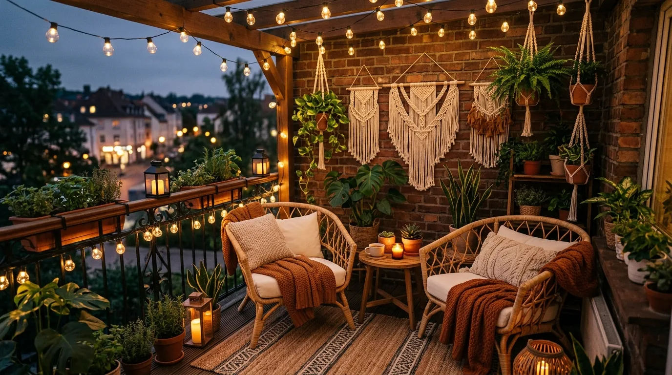 choose furniture that fits the scale in a balcony inspired by adorable cute string lights.