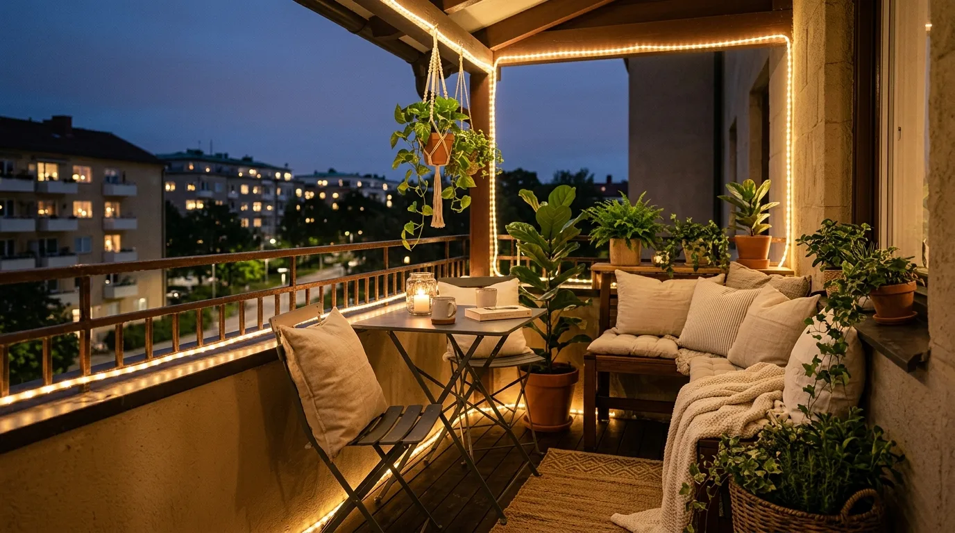 use light and shade intentionally in a balcony inspired by adorable cute string lights.