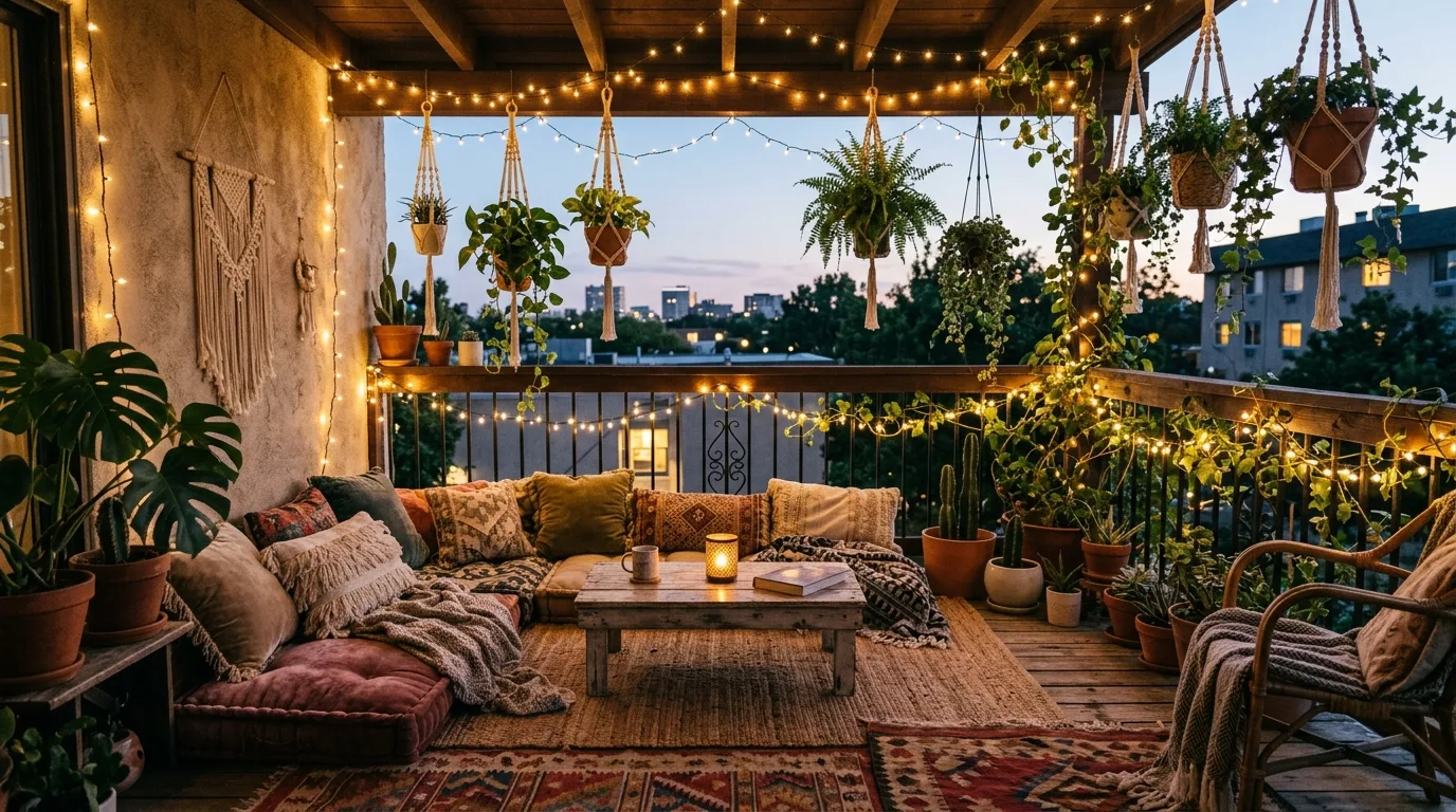 add texture for comfort and warmth in a balcony inspired by adorable cute string lights.
