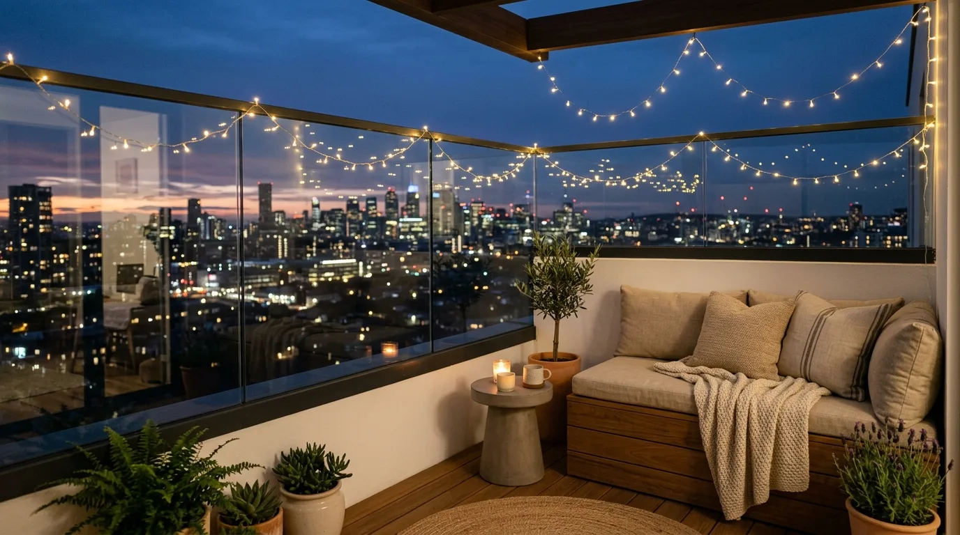 keep storage practical and hidden in a balcony inspired by adorable cute string lights.