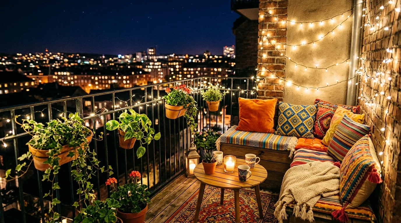 use decor that supports daily living in a balcony inspired by adorable cute string lights.