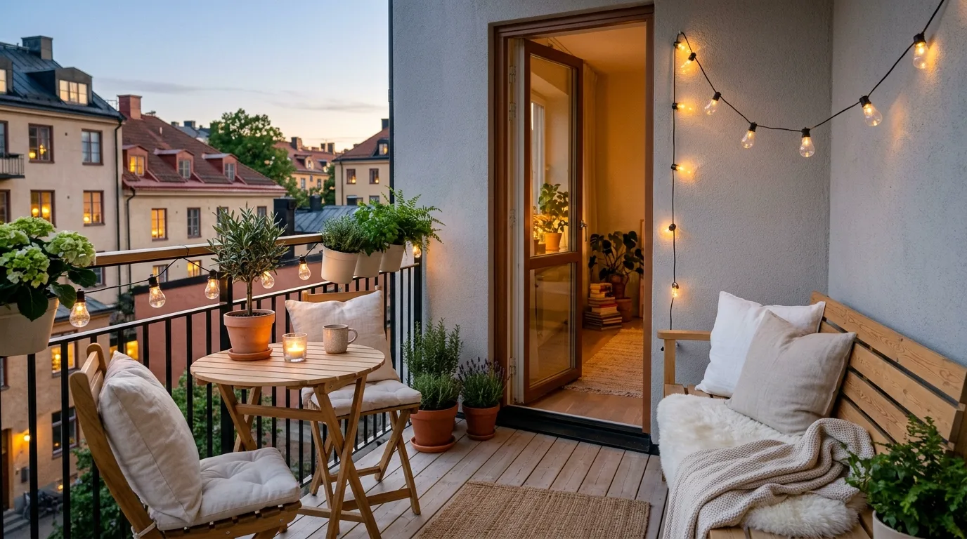 let the balcony feel personal and relaxed in a balcony inspired by adorable cute string lights.