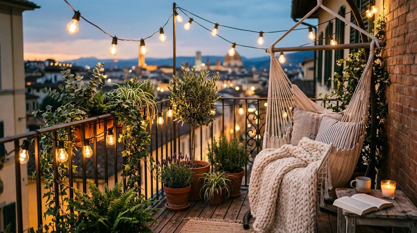 create a balcony that feels complete in a balcony inspired by adorable cute string lights.
