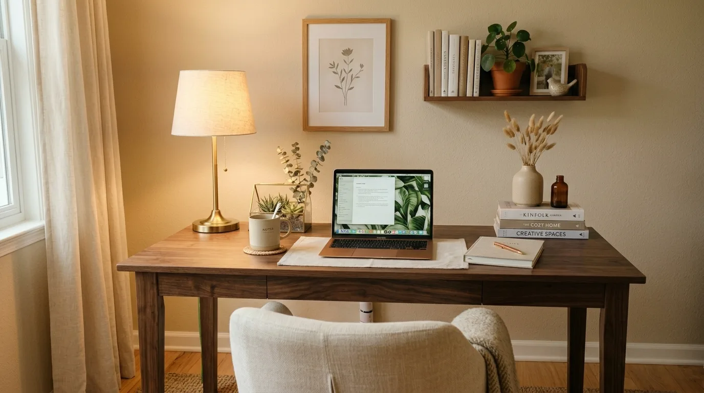 Strong visual mood in an aesthetic home office setup.