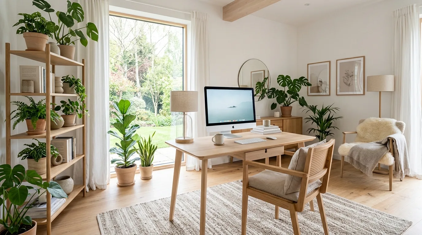 Cinematic practical lighting in an aesthetic home office.