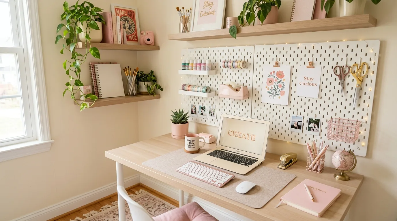Consistent color palette in a motivating home office setup.
