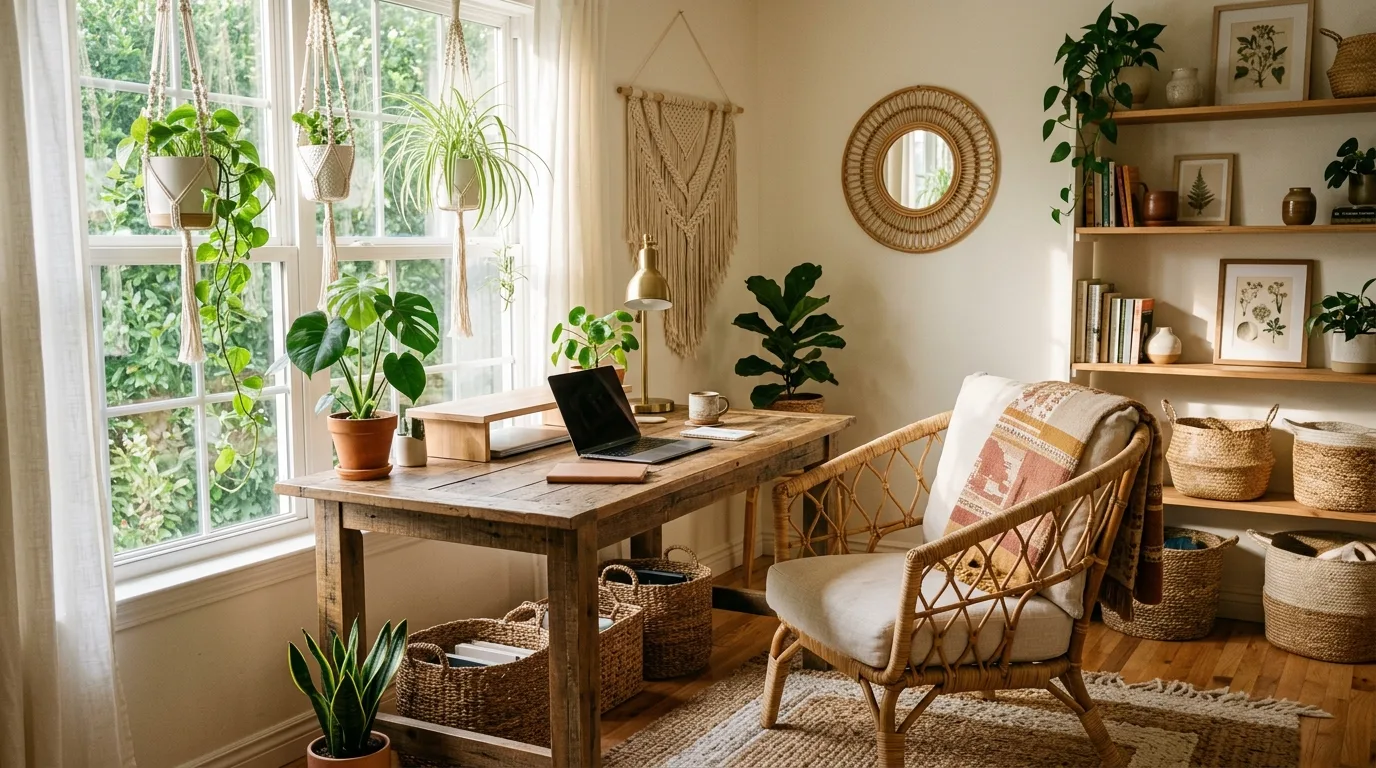 Controlled visual clutter in an aesthetic home office.