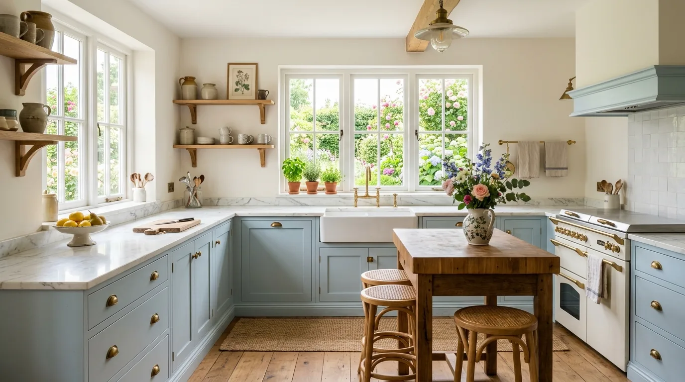 Airy light blue kitchen cabinets creating a soft cottage feel.