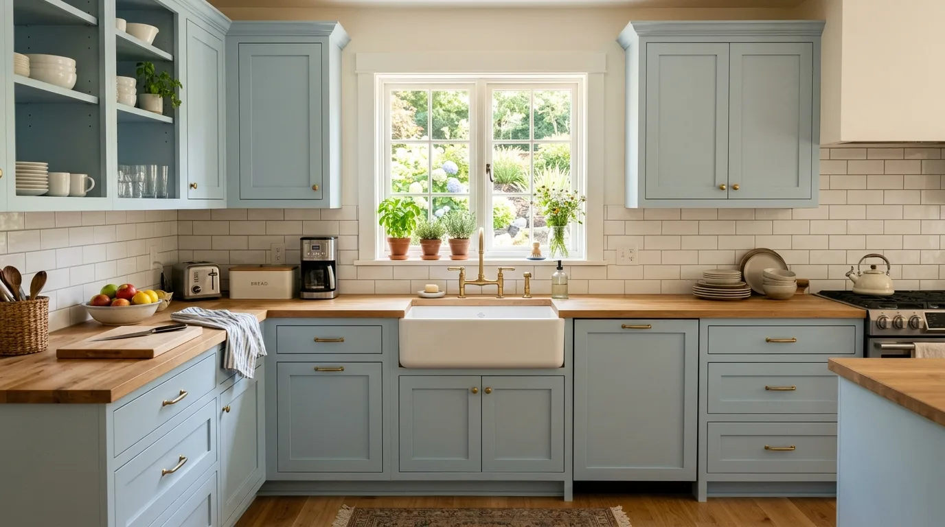 Light blue cabinets softening the look of a kitchen.