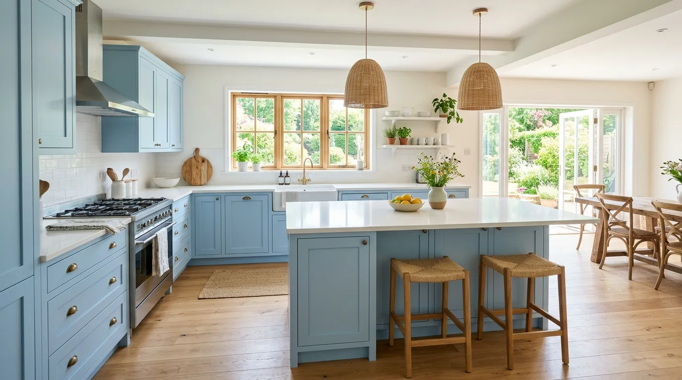 Creamy white paired with airy light blue kitchen cabinets.