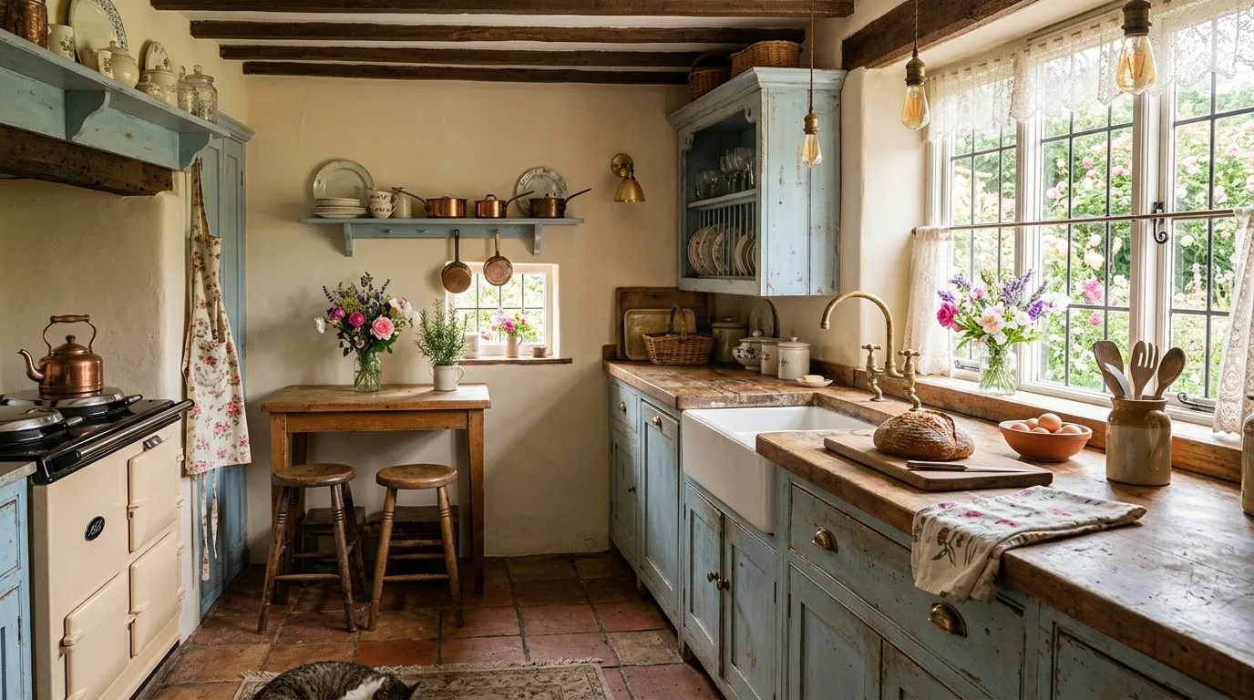 Natural wood warming an airy light blue cottage kitchen.