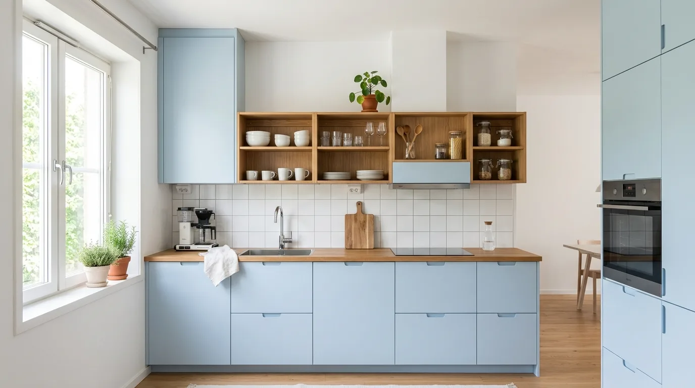 Open shelves used carefully in a light blue cottage kitchen.