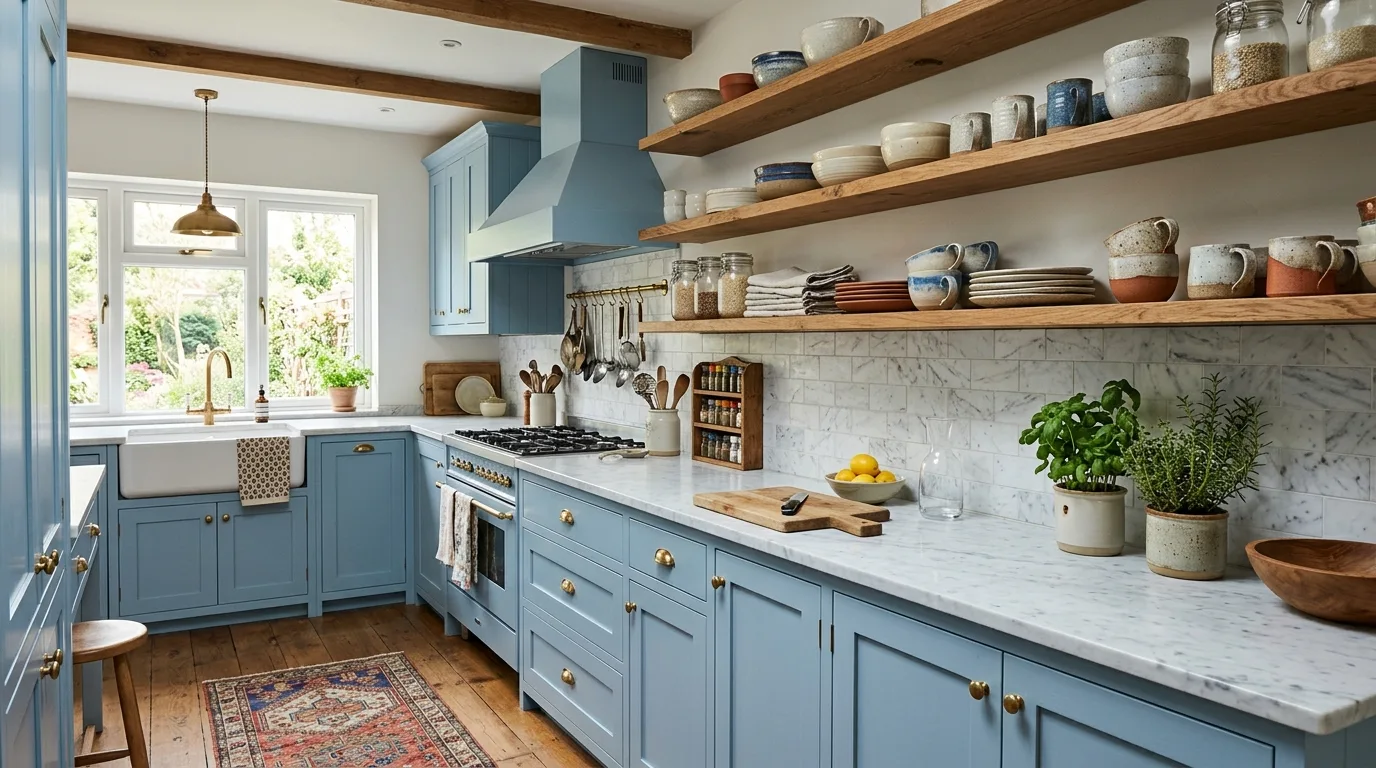 Vintage-warm hardware on light blue kitchen cabinets.