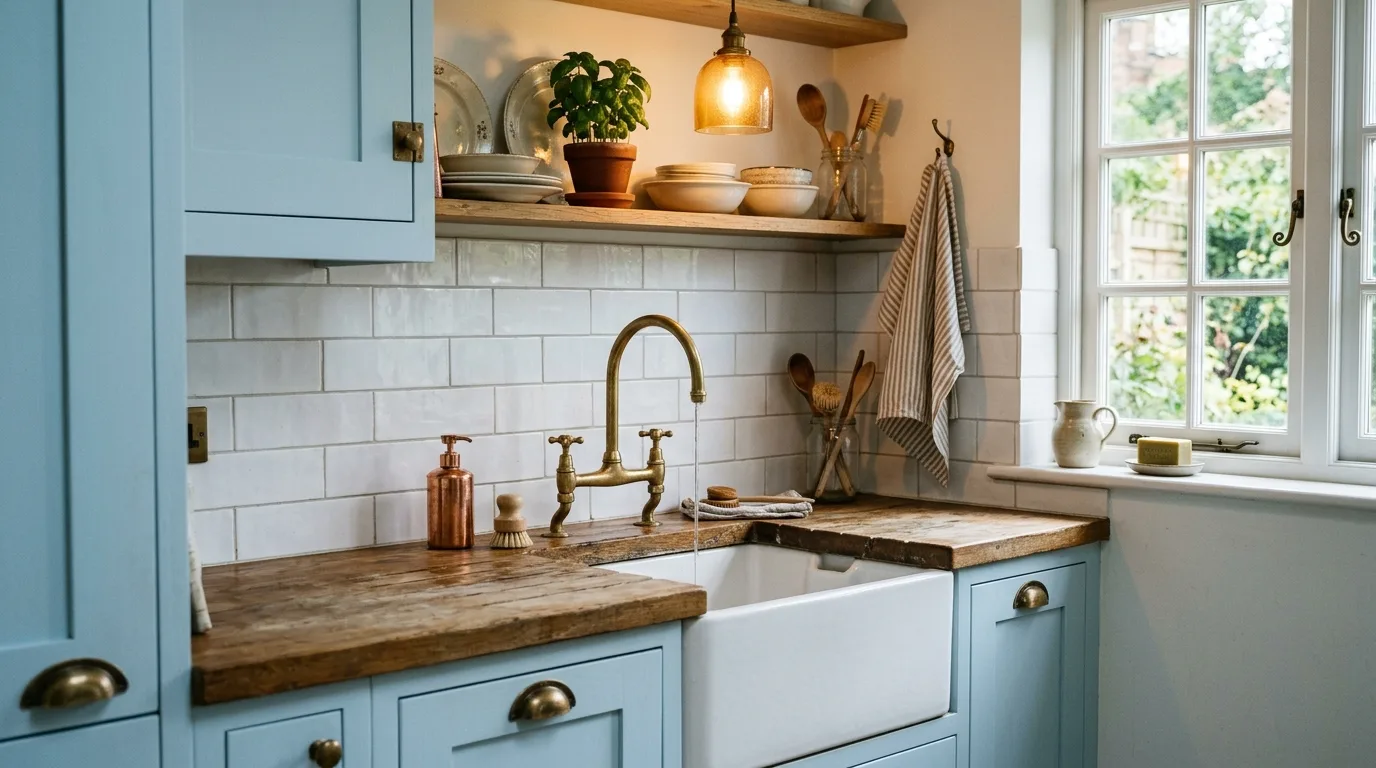 Soft light keeping airy blue kitchen cabinets fresh and bright.