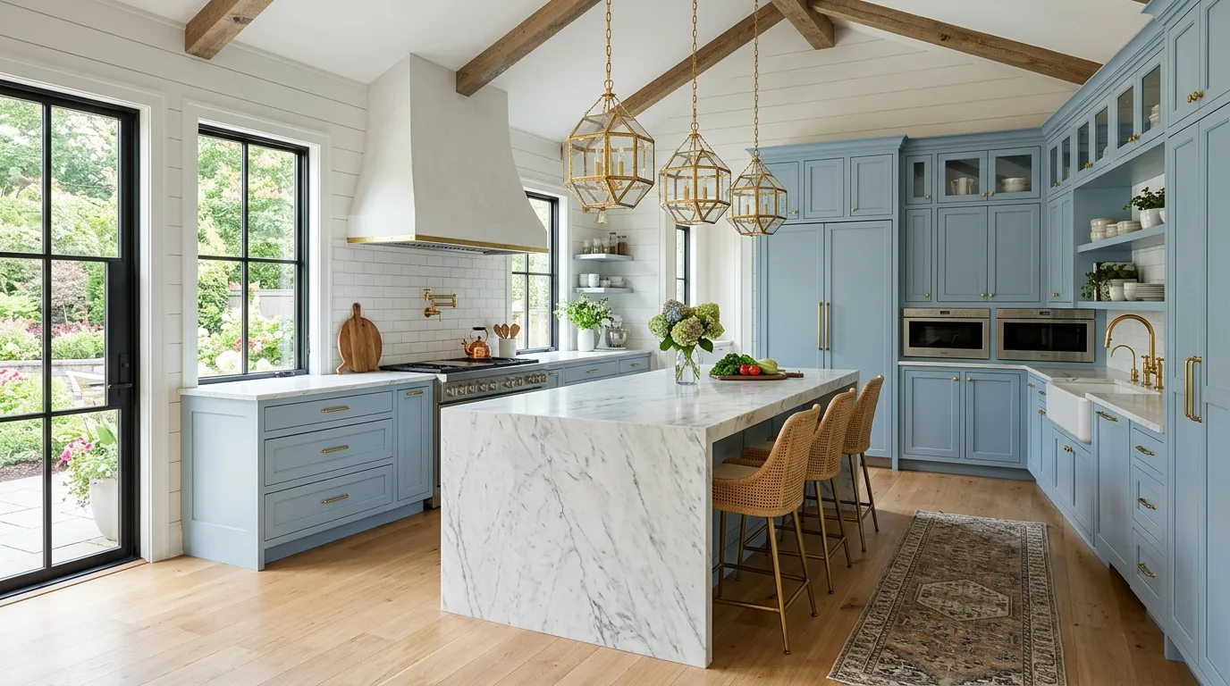 Simple friendly styling in an airy light blue kitchen.