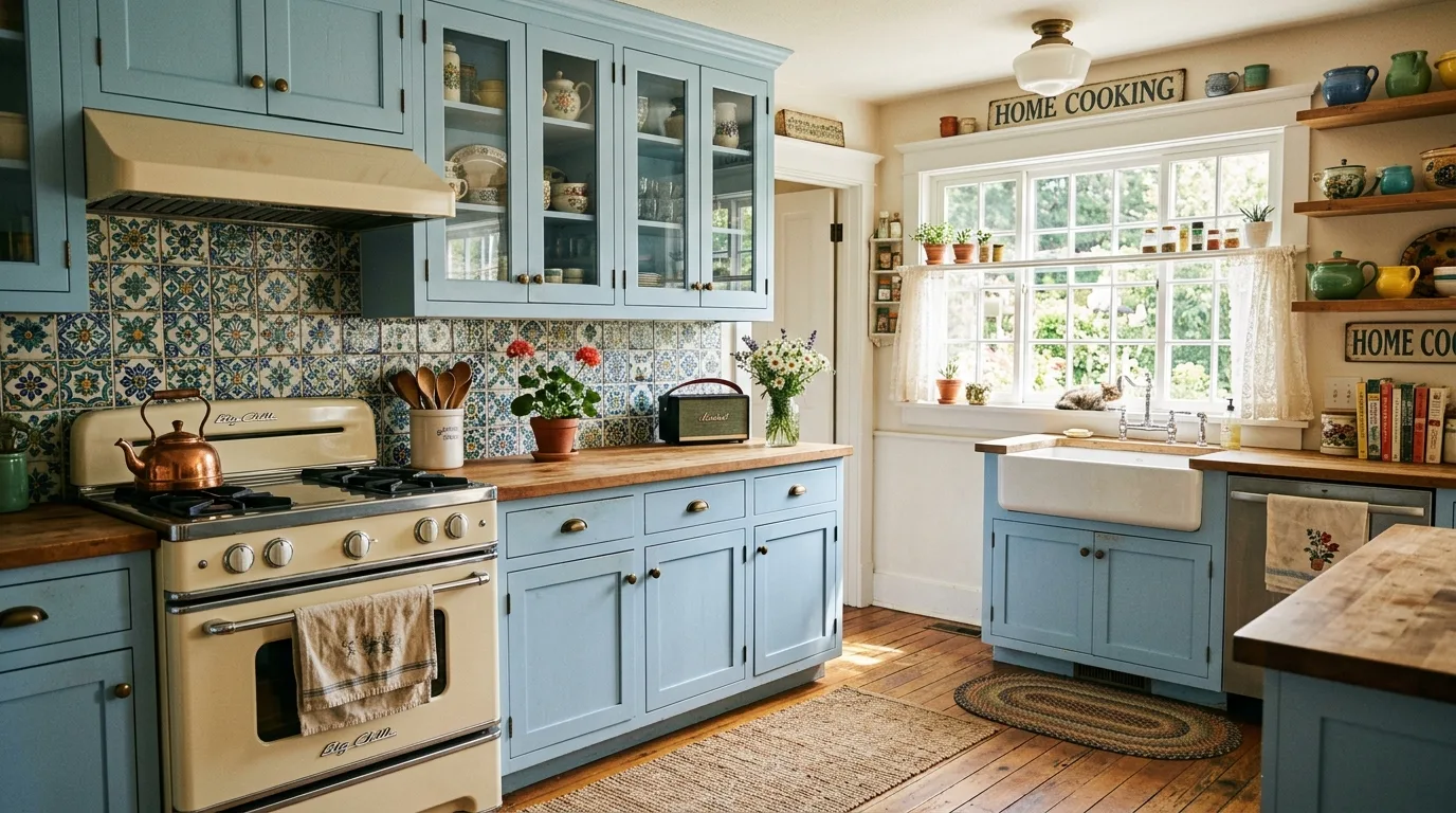 Freshness and comfort balanced in a light blue cottage kitchen.