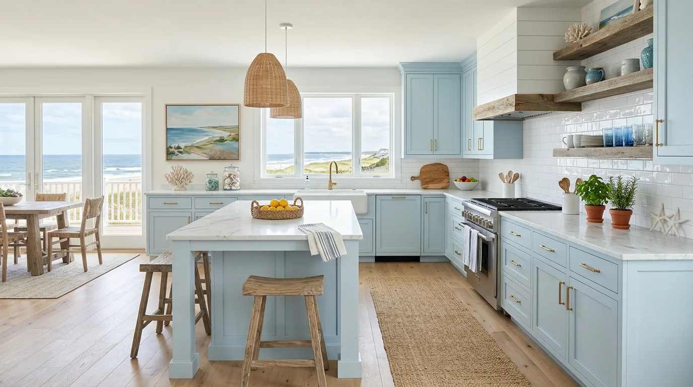 Soft welcoming kitchen with airy light blue cabinets.