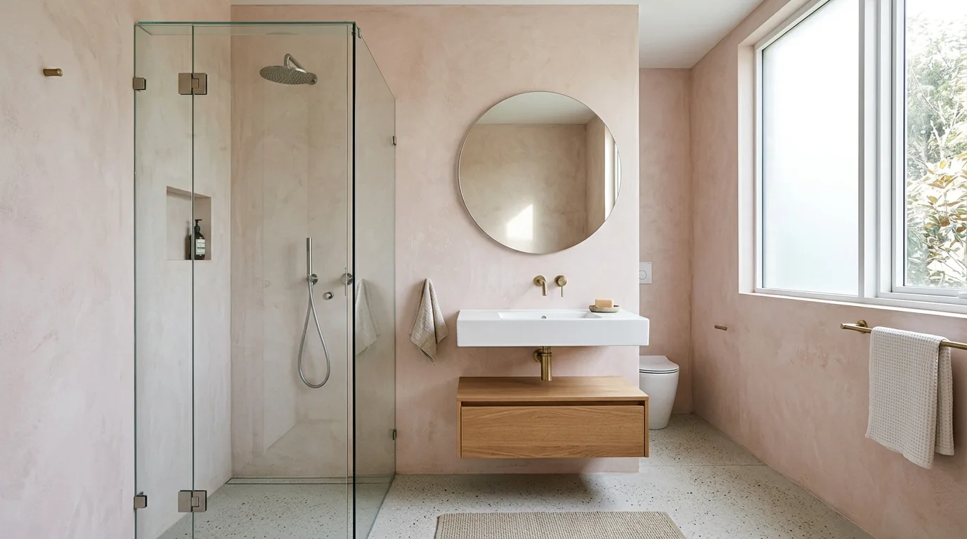 start with the main color or material story in a bathroom inspired by airy light pink hint.