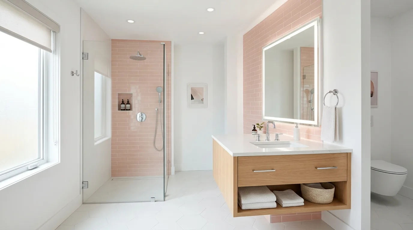 use lighting to bring the space to life in a bathroom inspired by airy light pink hint.