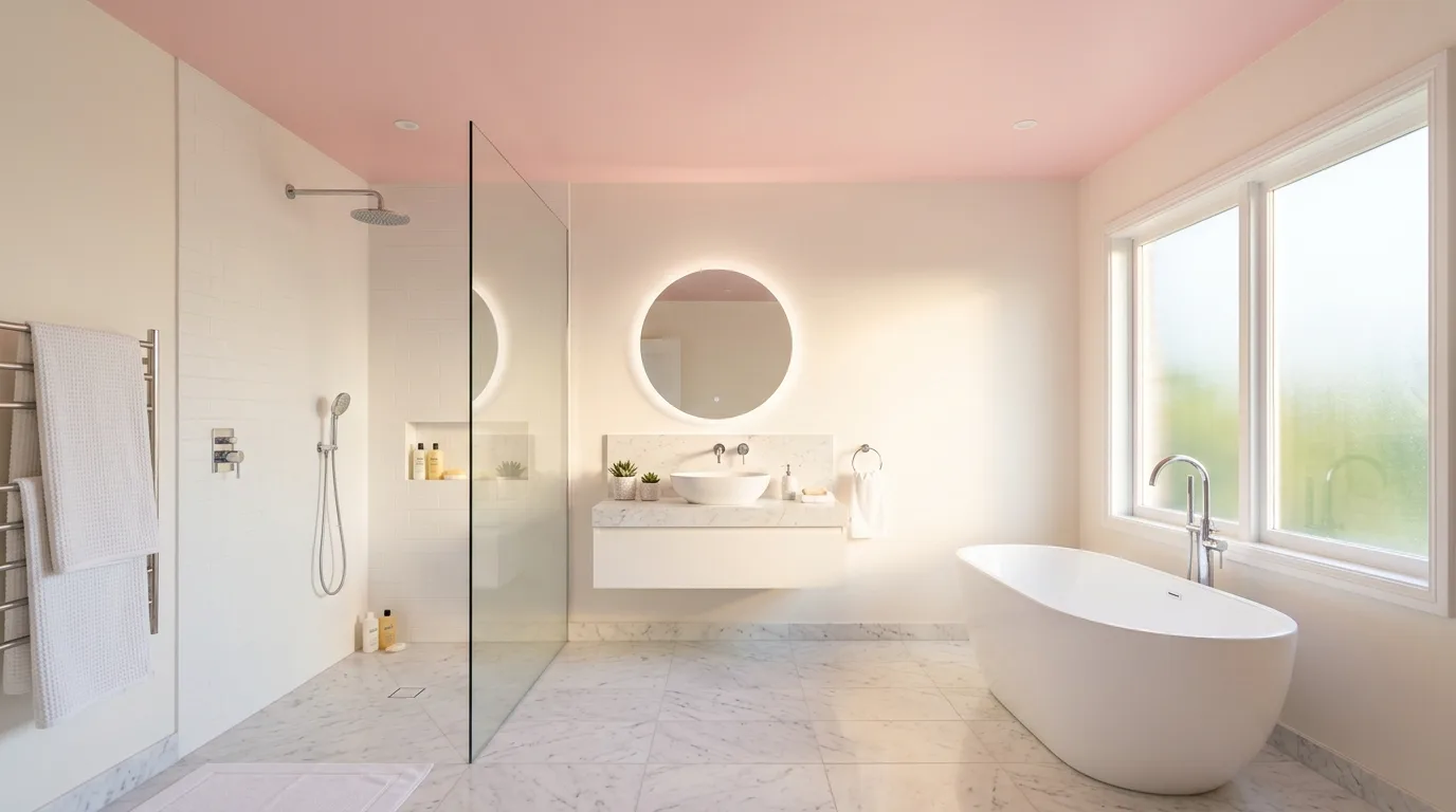 add texture for more depth in a bathroom inspired by airy light pink hint.