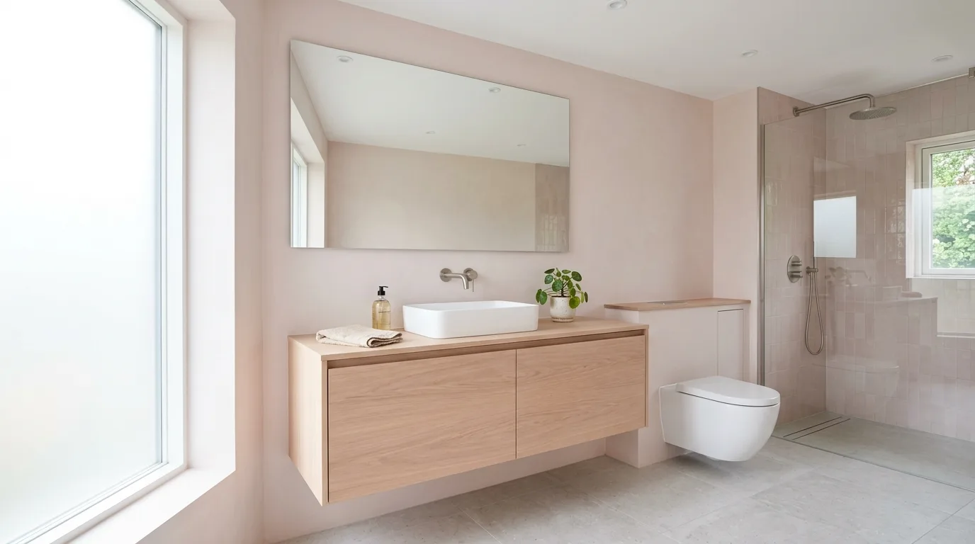 keep fixtures and lines thoughtful in a bathroom inspired by airy light pink hint.