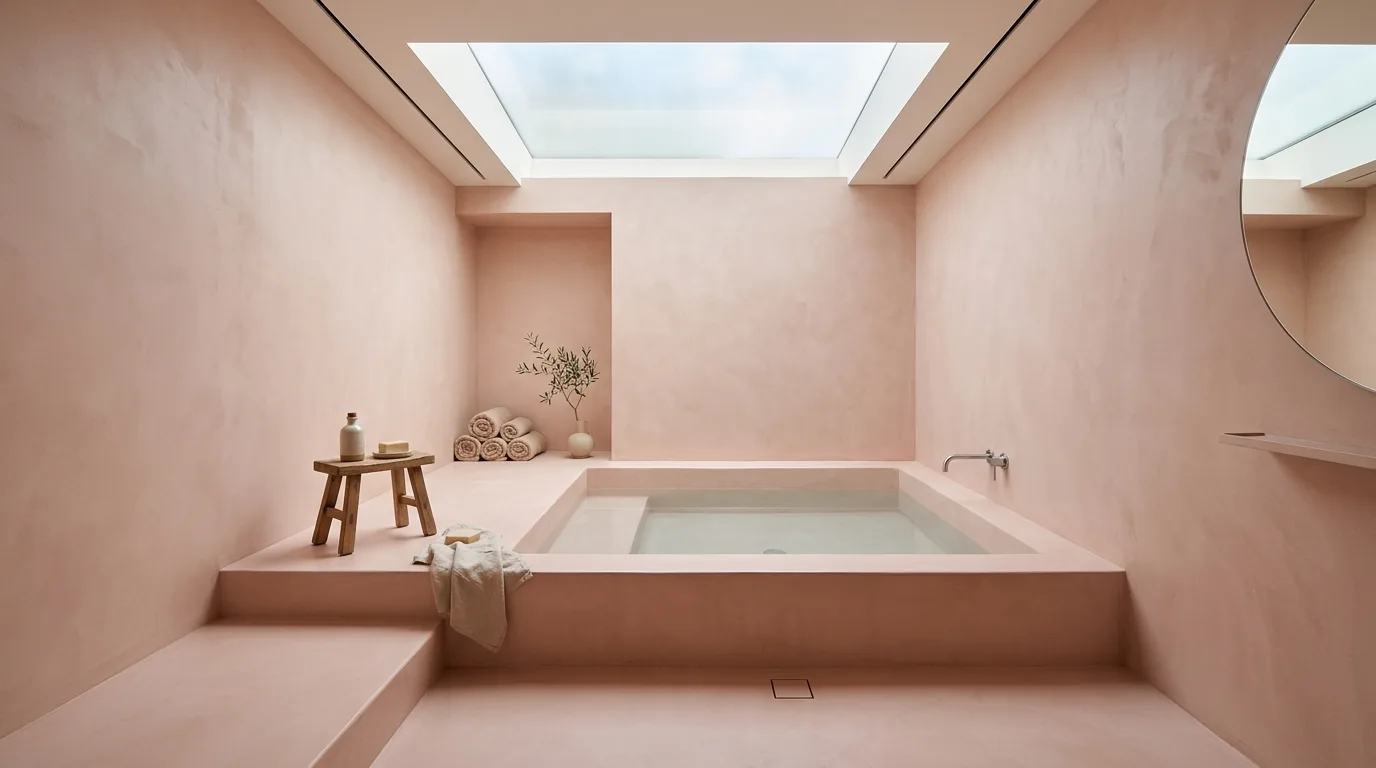 balance boldness with breathing room in a bathroom inspired by airy light pink hint.