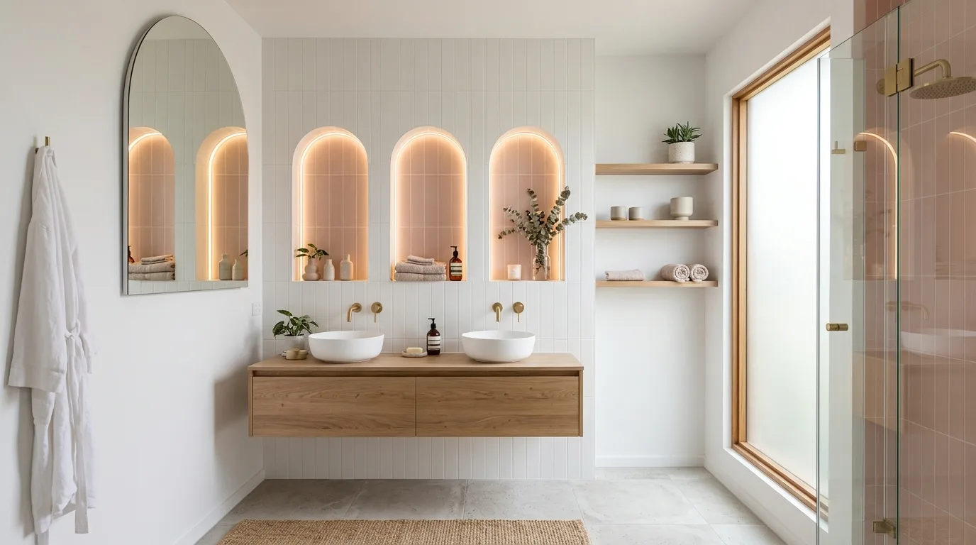 let the room feel personal and restful in a bathroom inspired by airy light pink hint.