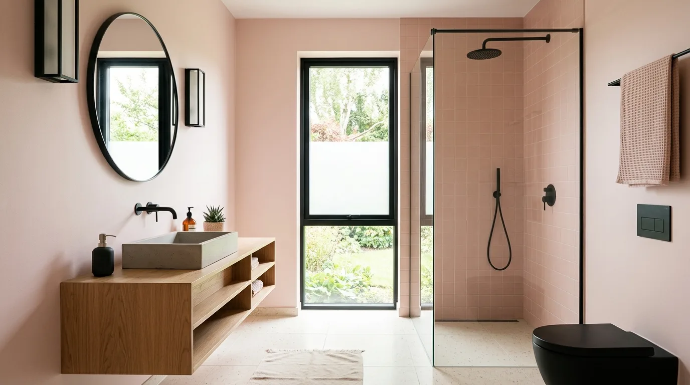 create a bathroom that feels complete in a bathroom inspired by airy light pink hint.