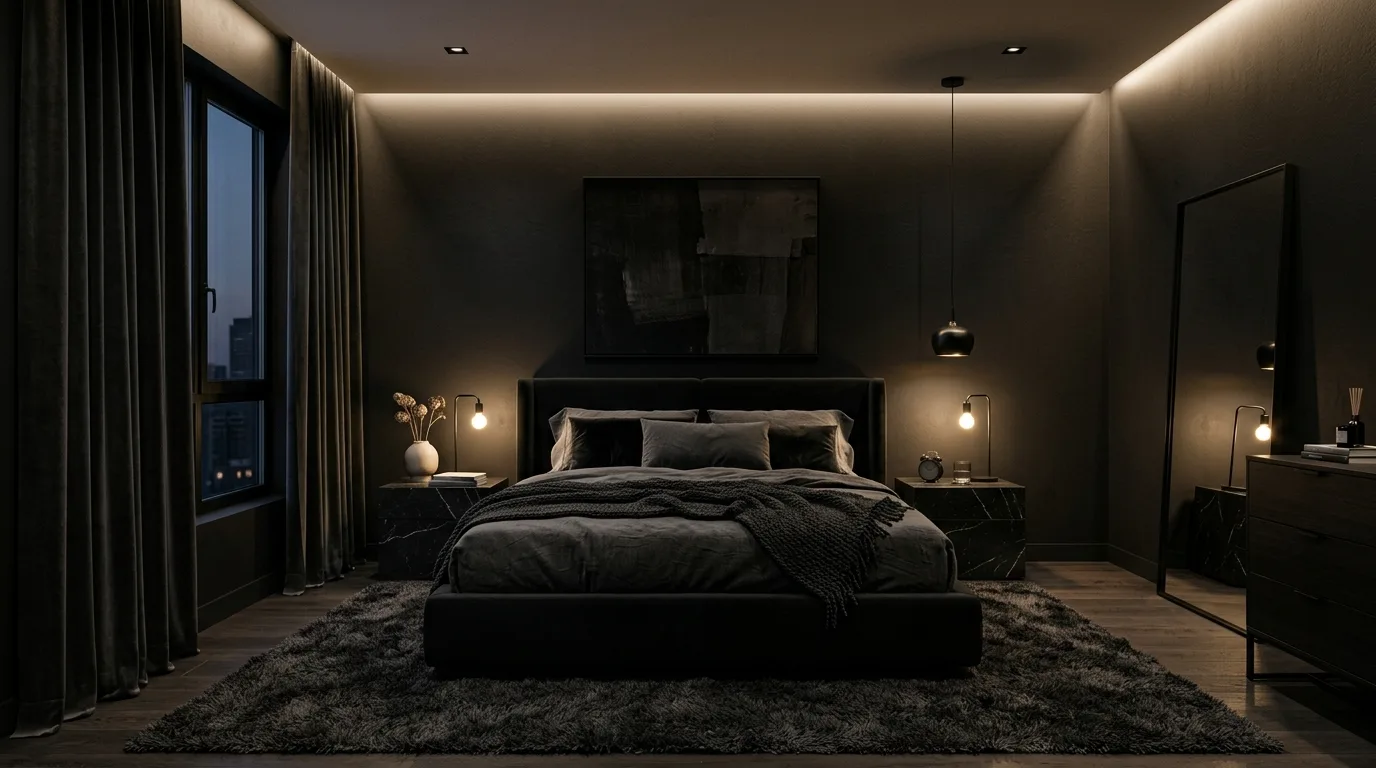All black bedroom with dramatic lighting and layered sophisticated styling.