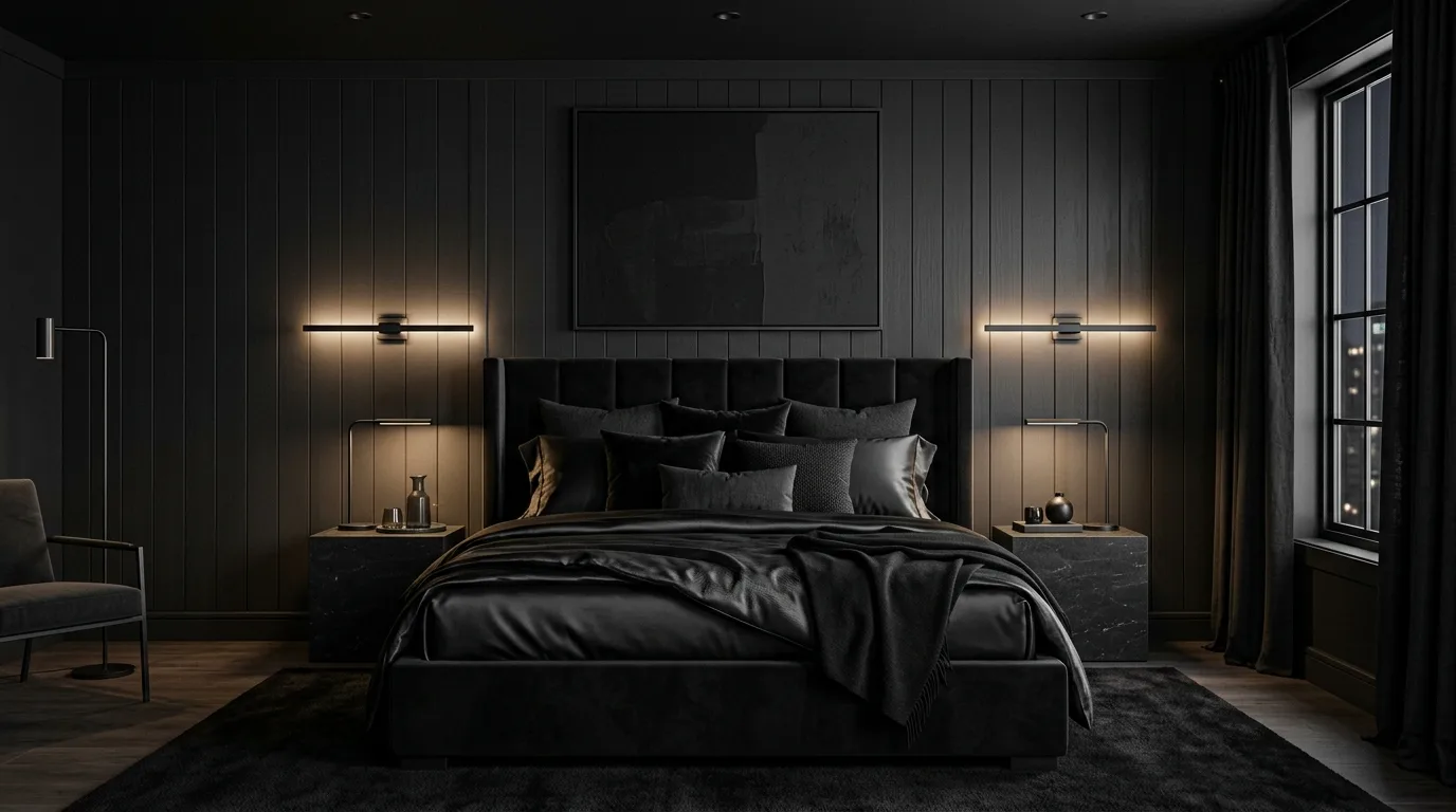 All black bedroom styled with black linen bedding and soft layered textures.