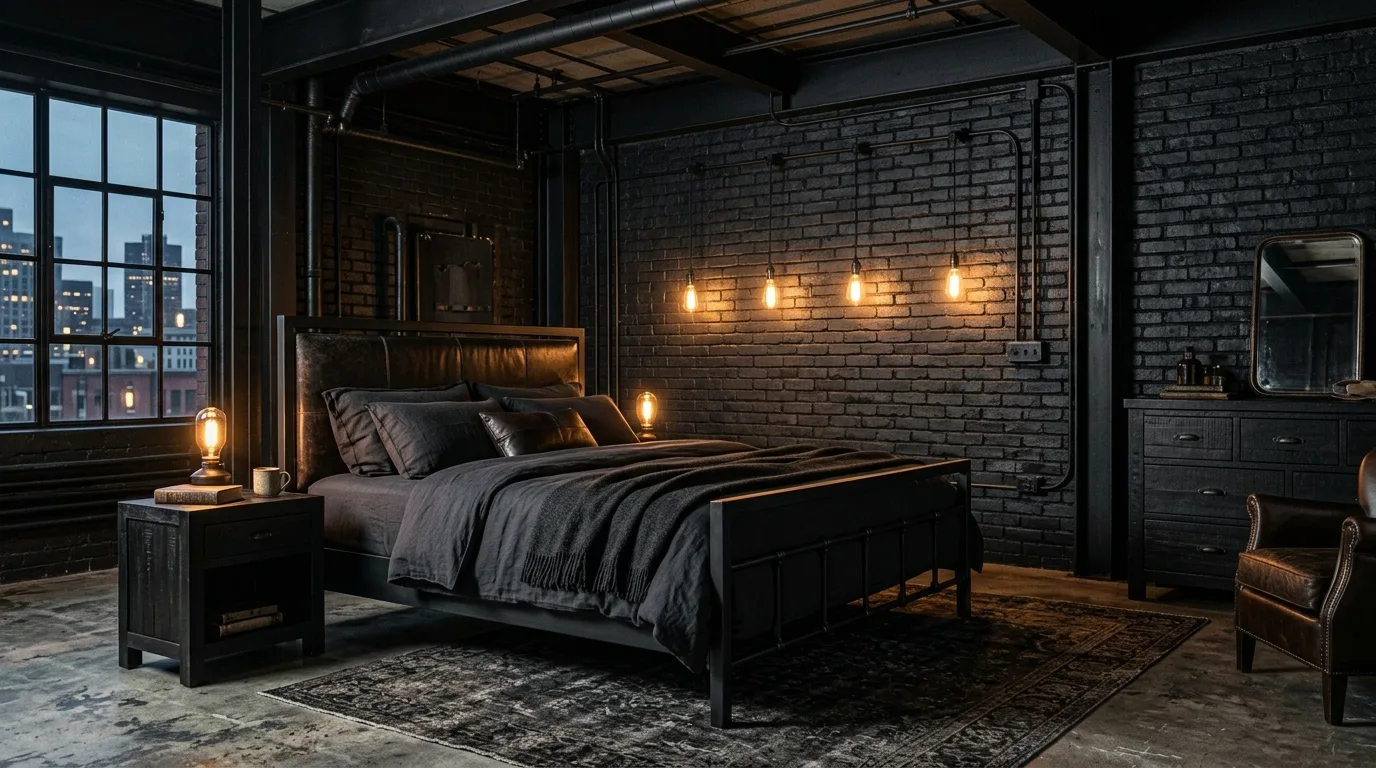All black bedroom with walnut furniture and warm layered lighting.