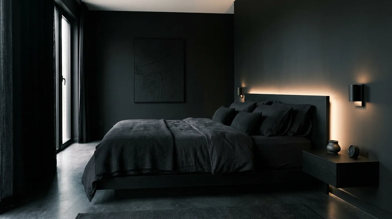 Black velvet bedroom with brass accents and luxurious moody styling.