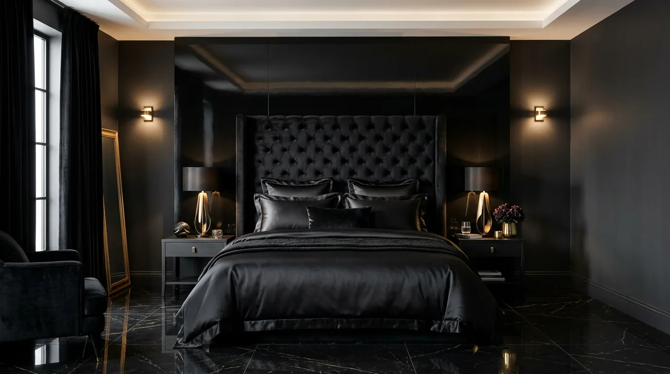 All black bedroom mixing gloss and matte finishes for layered sophistication.