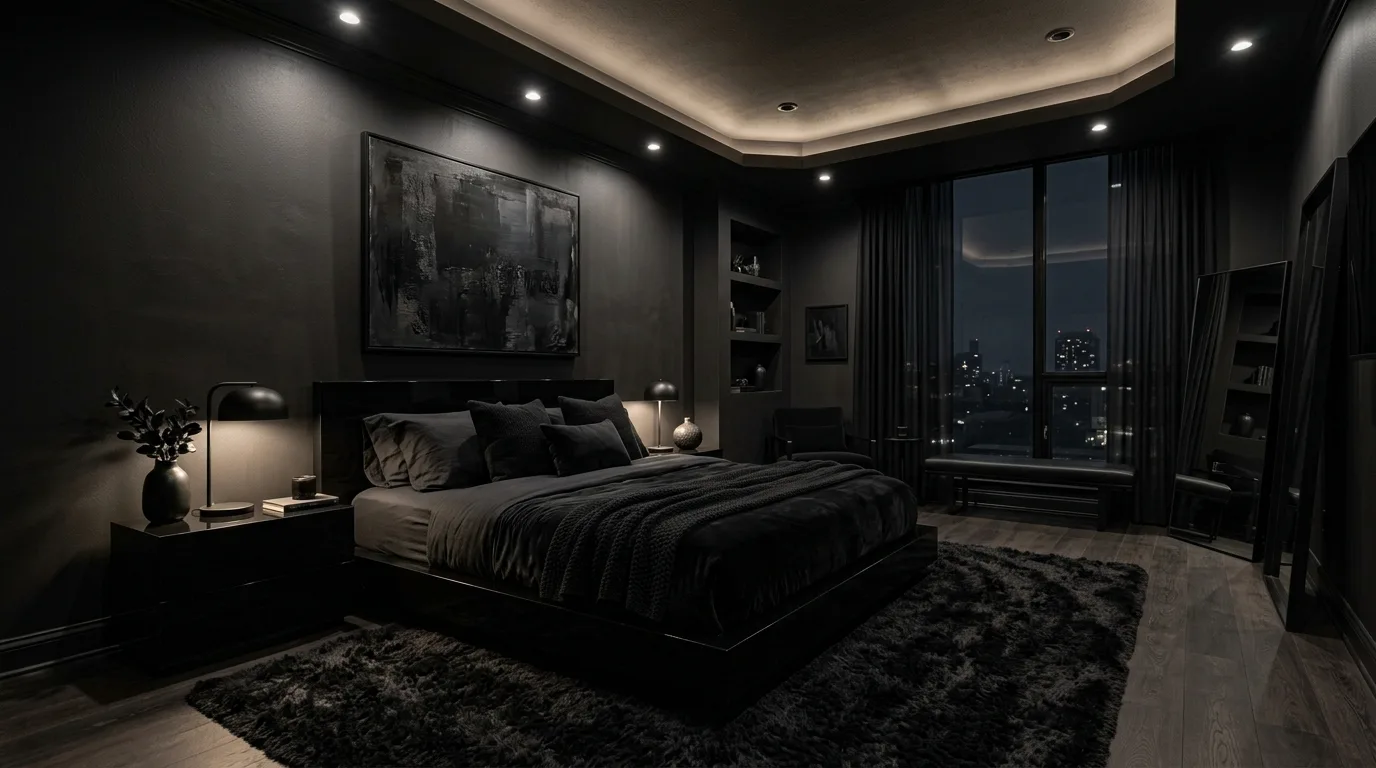 Minimal all black bedroom with strong geometry and clean-lined furniture.