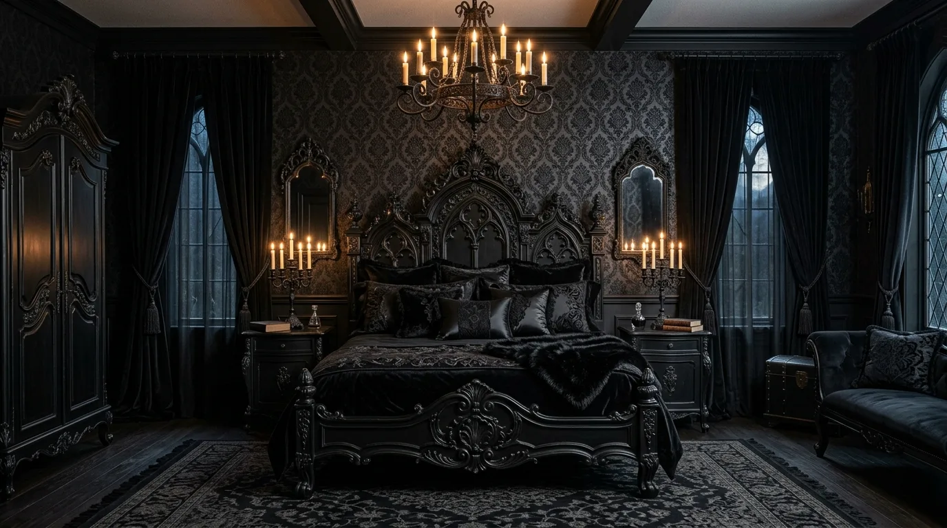 All black bedroom with soft black drapery and deep layered textures.