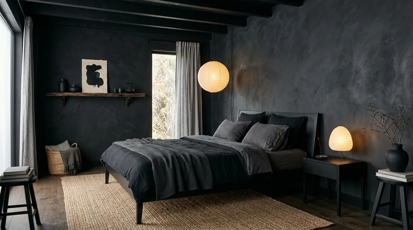All black bedroom with sculptural lighting and dramatic wall shadows.