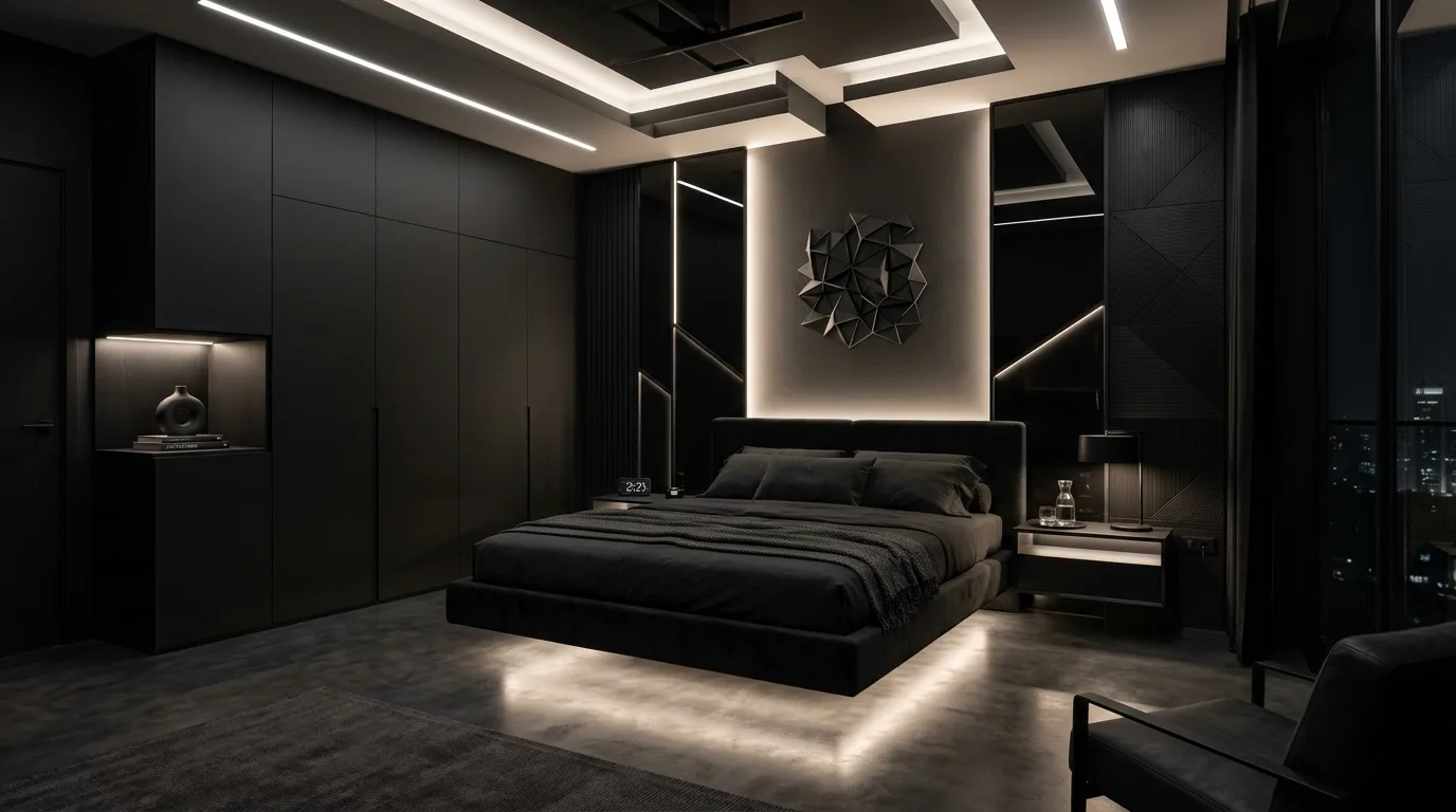 All black bedroom with plush rug and cozy luxurious textures.