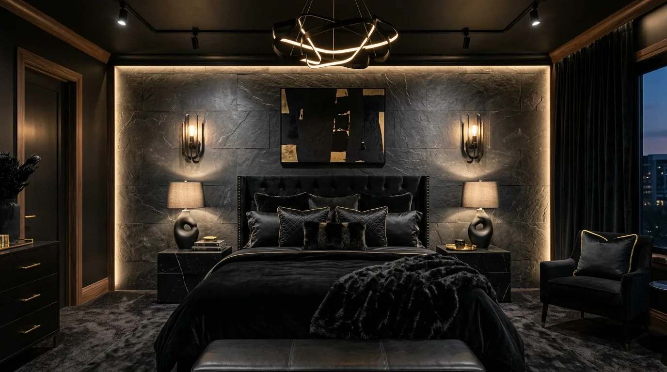 Sophisticated all black bedroom with calm warm lighting and elegant styling.