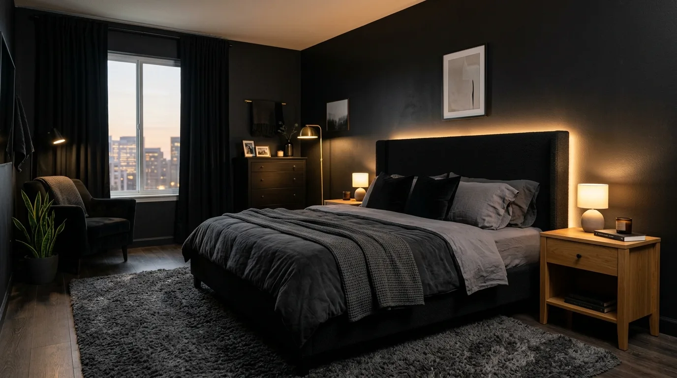 All-black bedroom with cozy lighting, layered bedding, and warm atmospheric styling.