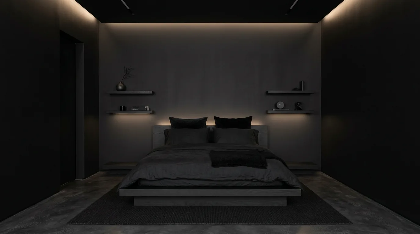 All-black bedding with plush texture in a soft cozy bedroom.
