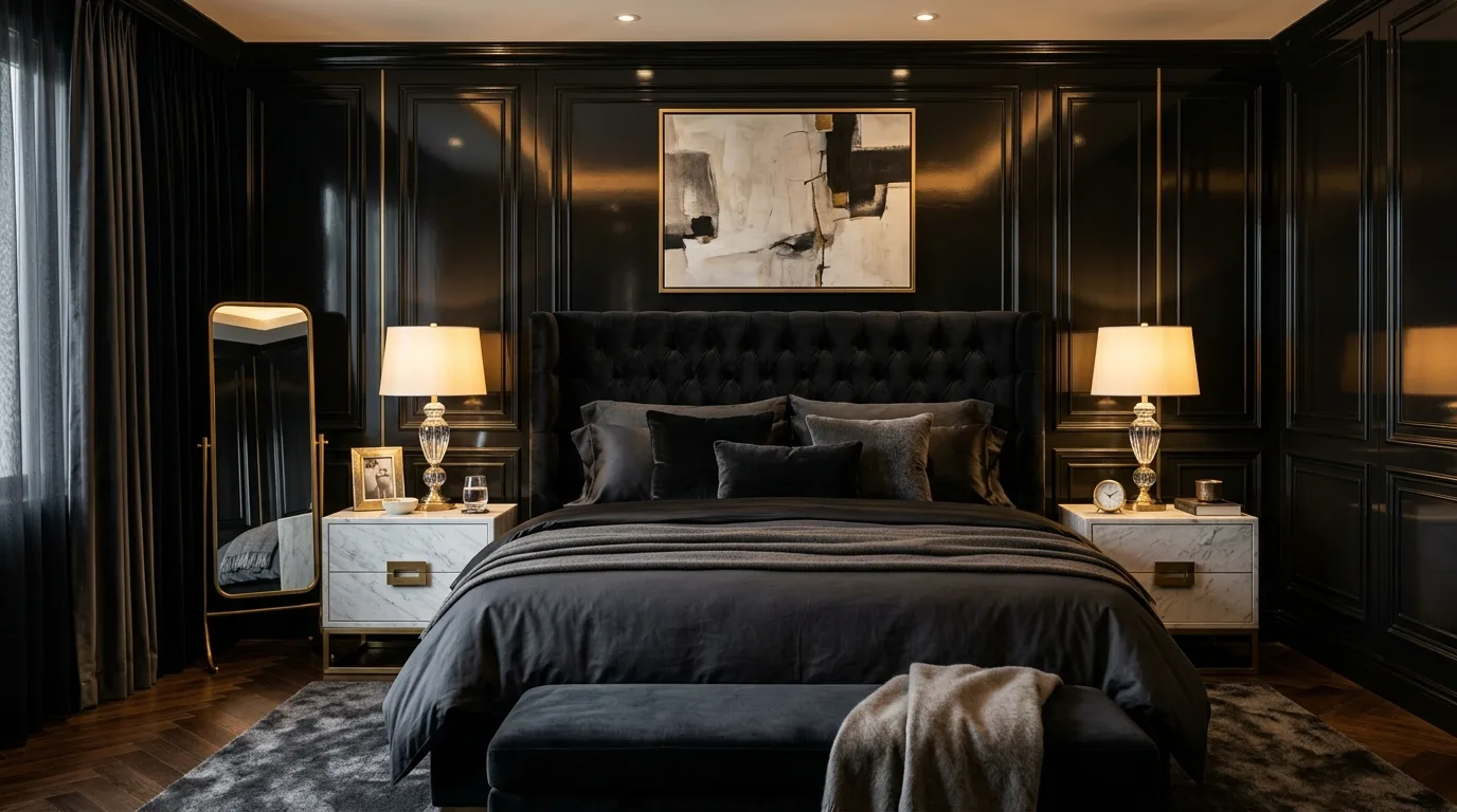 Black walls with a thick neutral rug in a warm cozy bedroom.