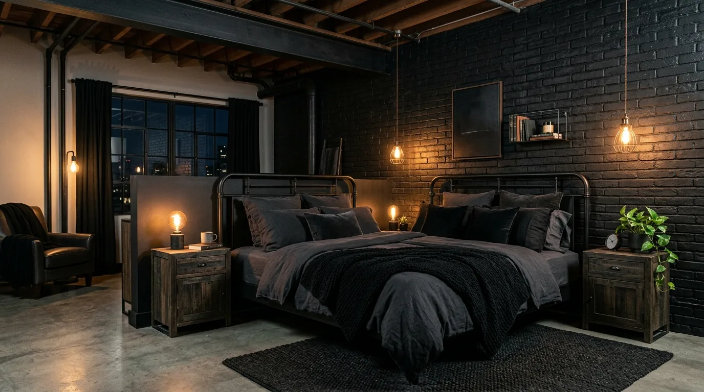 Black ceiling and walls creating a cocoon effect in a cozy bedroom.