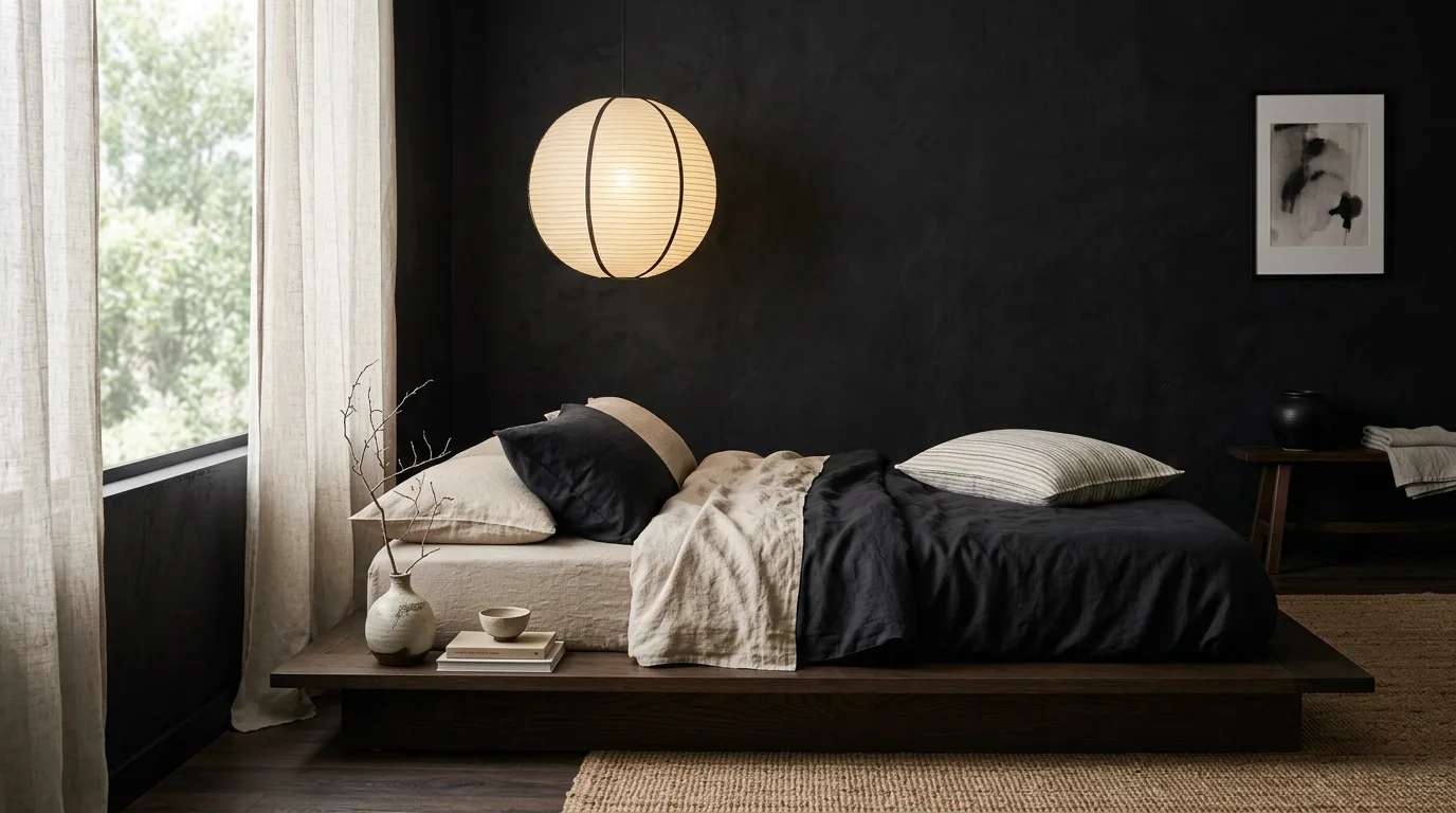 Soft black paint with cream accents in a dark yet cozy bedroom.