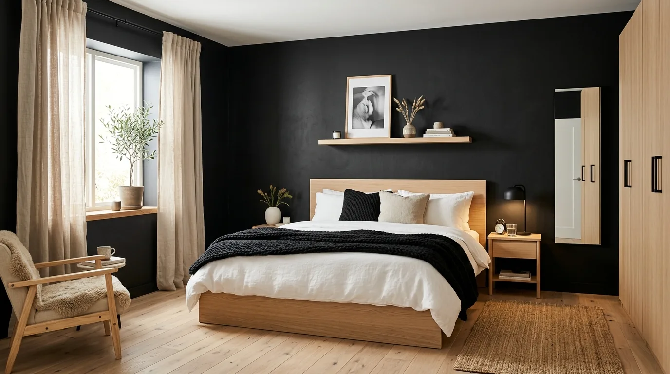 Dark wood furniture in an all-black room with warm cozy atmosphere.