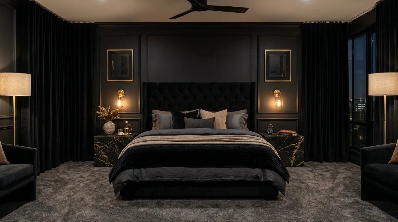 Cozy black room with linen drapery and soft layered atmosphere.