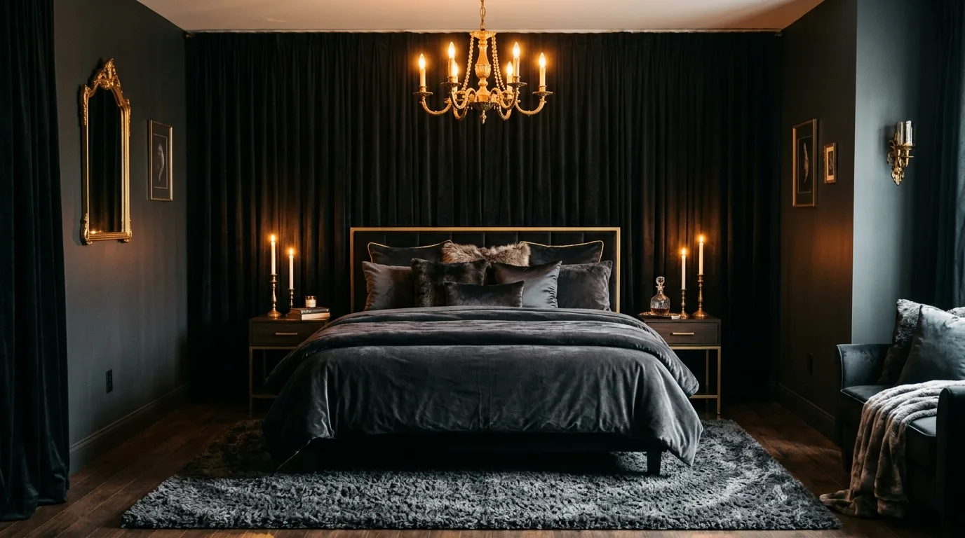All-black bedroom with one warm leather note for cozy balance.