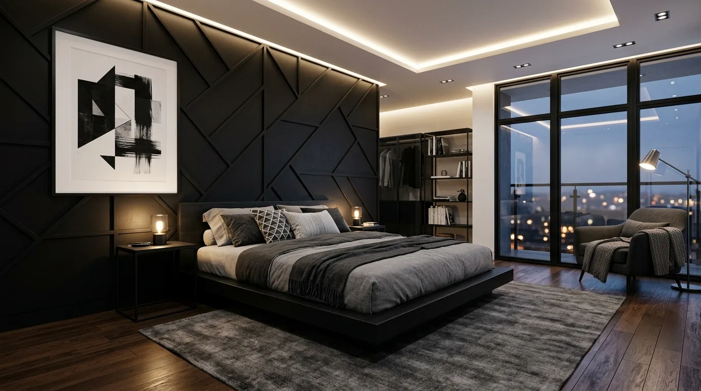 Black bedroom with low layered lighting and a deeply cozy atmosphere.